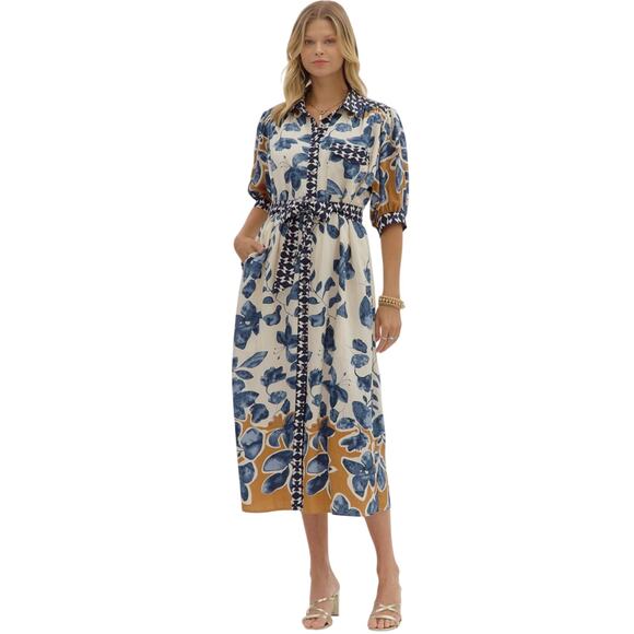 Entro USA Dresses & Skirts - NWT Entro Botanical Print Midi Shirt Dress Belted Pockets Lined Large